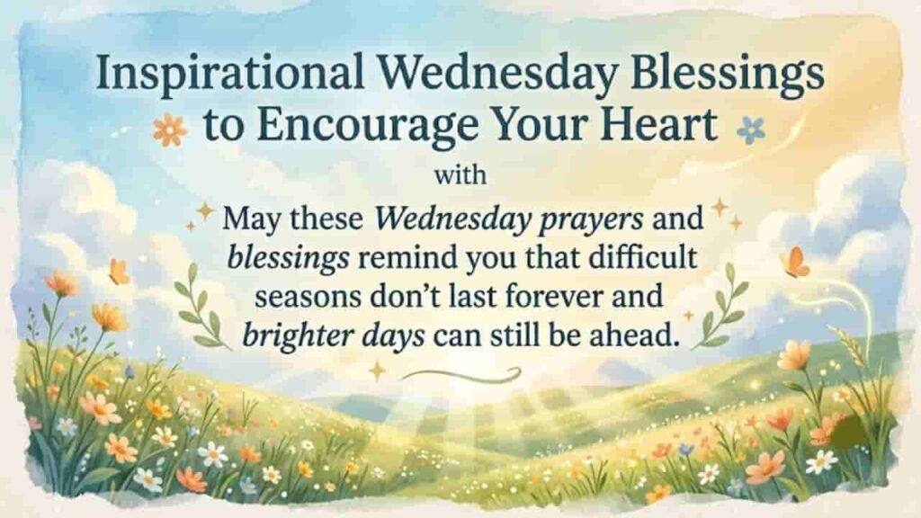 Inspirational Wednesday blessings graphic featuring soft watercolor artwork of a sunlit meadow filled with colorful wildflowers under a bright, cloudy sky, with encouraging text about hope and brighter days ahead.