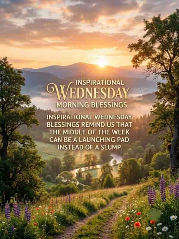 A sunrise glowing over a lush valley with a winding river and wildflowers, featuring the quote: "Inspirational Wednesday Morning Blessings: Inspirational Wednesday blessings remind us that the middle of the week can be a launching pad instead of a slump."