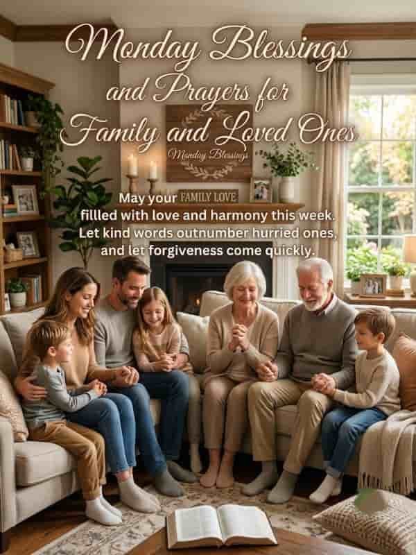 A cozy living room image featuring a multi-generational family sitting together on couches with hands joined in prayer around an open Bible. Overlaid text reads, "Monday Blessings and Prayers for Family and Loved Ones," accompanied by a heartful blessing for love, harmony, and forgiveness.