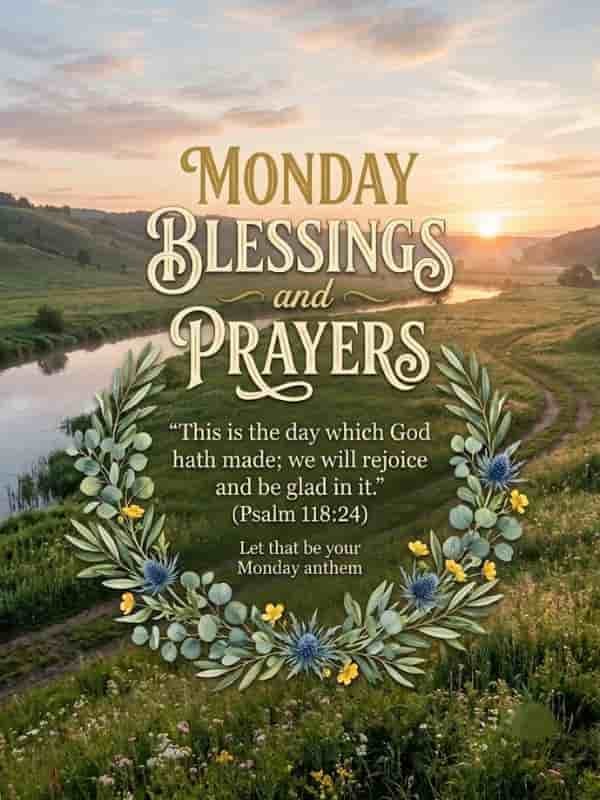 An image featuring the heading "Monday Blessings and Prayers" above the verse from Psalm 118:24, "This is the day which God hath made; we will rejoice and be glad in it," with the phrase "Let that be your Monday anthem" set against a tranquil, sunlit landscape with a winding river and lush greenery.