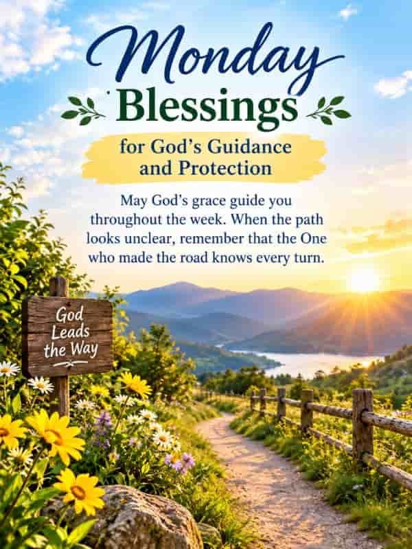 Monday blessings for God’s guidance and protection with a beautiful sunrise over a mountain path and an inspirational message about trusting God’s direction throughout the week.