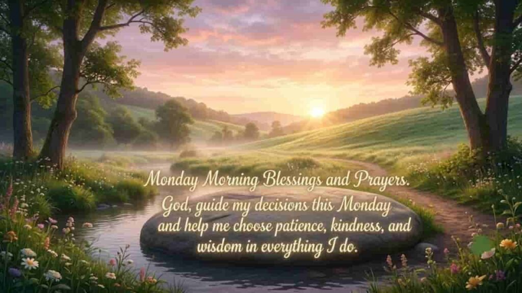 A peaceful sunrise over a misty winding stream and meadow with text reading "Monday Morning Blessings and Prayers. God, guide my decisions this Monday and help me choose patience, kindness, and wisdom in everything I do."