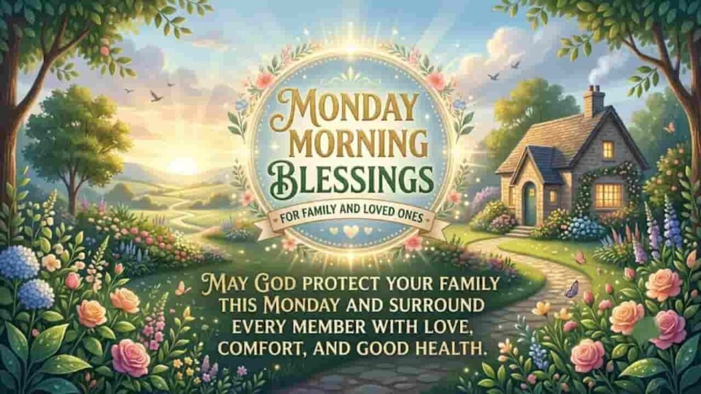 Monday Morning Blessings greeting card featuring a warm, peaceful sunrise over a cozy cottage surrounded by lush garden flowers, with a prayer for family protection, love, comfort, and good health.