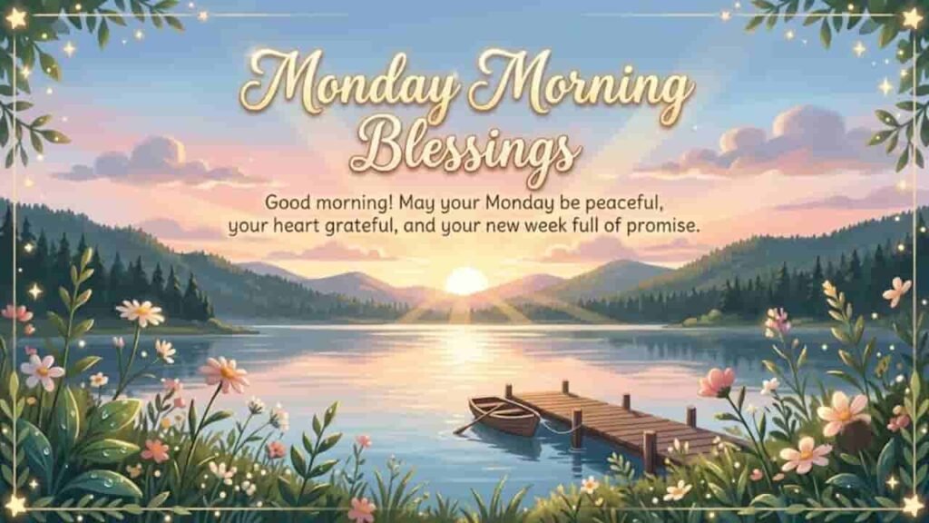 Monday Morning Blessings image featuring a serene sunrise over a tranquil lake with wild flowers, wooden pier, and an uplifting greeting for WhatsApp and Facebook.