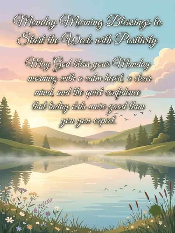 A serene sunrise scene over a calm lake framed by evergreen trees, soft pastel clouds, and wildflowers, featuring the text: "Monday Morning Blessings to Start the Week with Positivity. May God bless your Monday morning with a calm heart, a clear mind, and the quiet confidence that today holds more good than you expect."