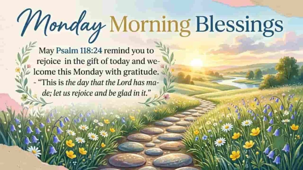 A serene Monday morning scene featuring a stone path through a meadow of wildflowers toward a rising sun, accompanied by the text "Monday Morning Blessings" and "May Psalm 118:24 remind you to rejoice in the gift of today and welcome this Monday with gratitude" alongside the verse "This is the day that the Lord has made; let us rejoice and be glad in it."