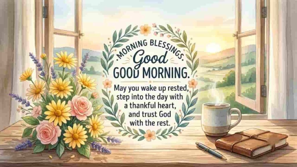 A serene morning scene featuring a rustic wooden table by an open window overlooking a sunny countryside landscape, decorated with a vase of yellow and pink flowers, a steaming mug of coffee, and a journal, centered with the text "Morning Blessings: Good morning. May you wake up rested, step into the day with a thankful heart, and trust God with the rest."