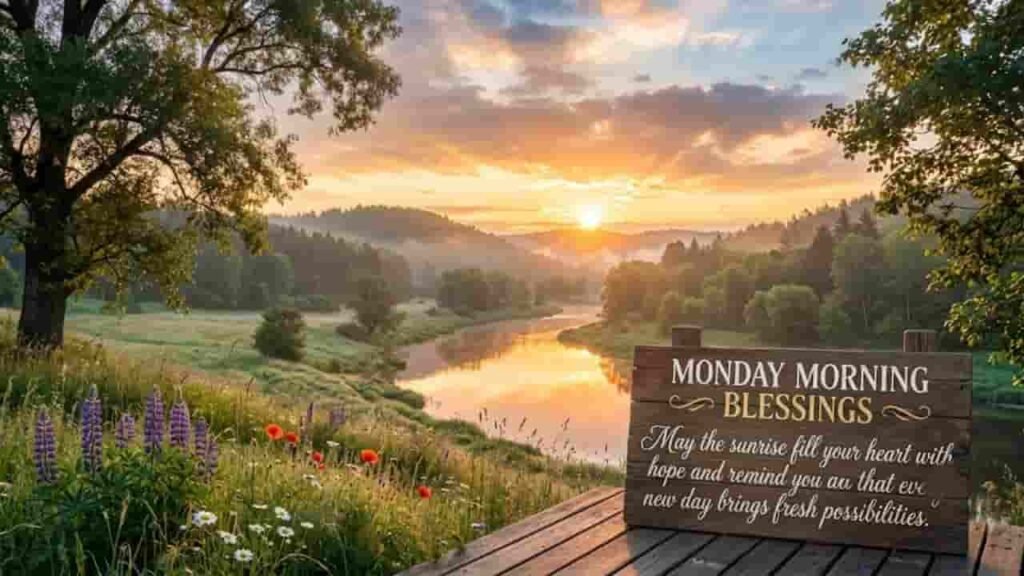 A rustic wooden sign resting on a wooden deck in a lush, blooming field overlooking a river at sunrise, displaying the text "Monday Morning Blessings: May the sunrise fill your heart with hope and remind you that every new day brings fresh possibilities."