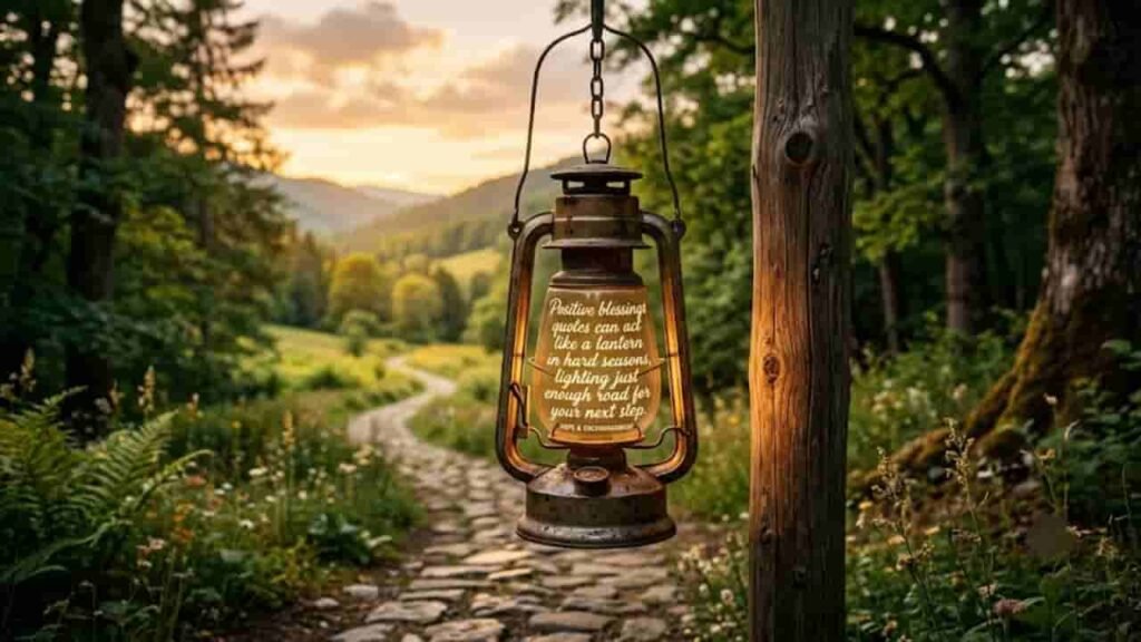 A vintage lantern hanging on a wooden post along a forest path at sunset, featuring the inspirational quote, "Positive blessings quotes can act like a lantern in hard seasons, lighting just enough road for your next step."   