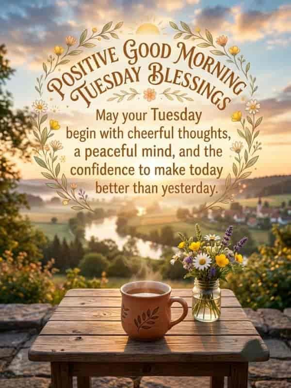Positive Good Morning Tuesday Blessings graphic featuring an inspirational quote framed by a floral wreath, set against a scenic sunrise landscape with a steaming mug of tea and fresh wildflowers.