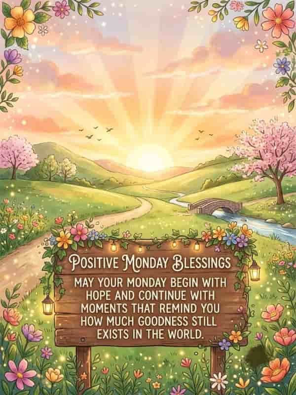 Warm sunrise landscape with blooming flowers and a wooden sign featuring a positive Monday blessing quote about hope and goodness.