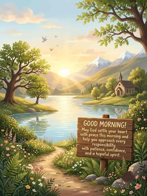 A serene sunrise landscape with a quiet lake, blooming wildflowers, and a wooden sign displaying a positive religious morning blessing for peace and hope.