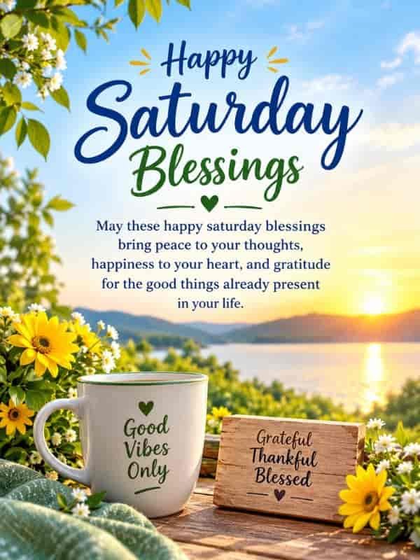 Happy Saturday blessings with a peaceful sunrise, yellow flowers, and an uplifting message of peace, happiness, and gratitude.