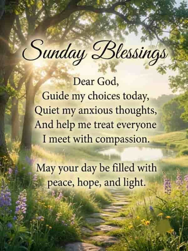 Sunday blessings prayer written over a peaceful nature background with a stone path through flowers, lush trees, and gentle sunlight.