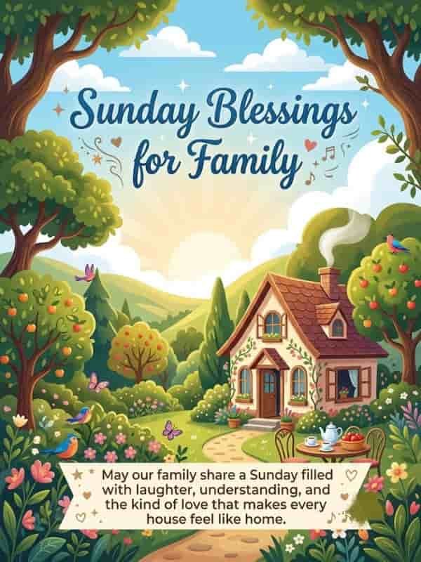 An illustration of a cozy cottage surrounded by a lush garden, featuring the text "Sunday Blessings for Family" and a banner reading "May our family share a Sunday filled with laughter, understanding, and the kind of love that makes every house feel like home."