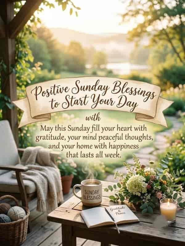 A steaming mug with "Sunday Blessings" sitting on a wooden porch table alongside an open journal, fresh flowers, and a lit candle, overlooking a serene garden at sunrise.