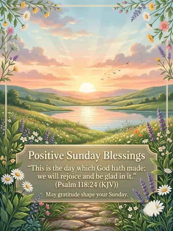 Beautiful Sunday landscape featuring a bright sunrise over a peaceful lake and rolling hills, framed by wildflowers and a decorative text box with Psalm 118:24.