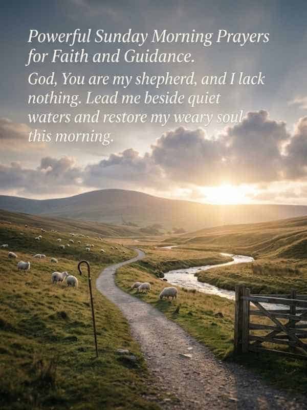 A peaceful Sunday morning landscape featuring a winding path through rolling green hills beside a calm stream at sunrise, with sheep grazing in the pasture, a wooden gate, and a shepherd’s crook, overlaid with a prayer text for faith and guidance.