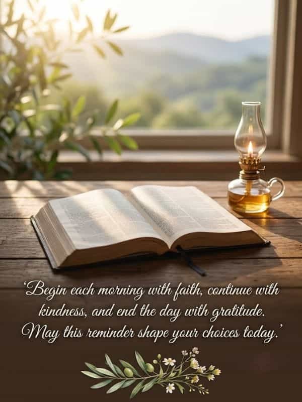 An open Bible resting on a rustic wooden table by a window alongside a lit oil lamp, with gentle morning sunlight streaming in and the inspirational quote, “Begin each morning with faith, continue with kindness, and end the day with gratitude. May this reminder shape your choices today.”