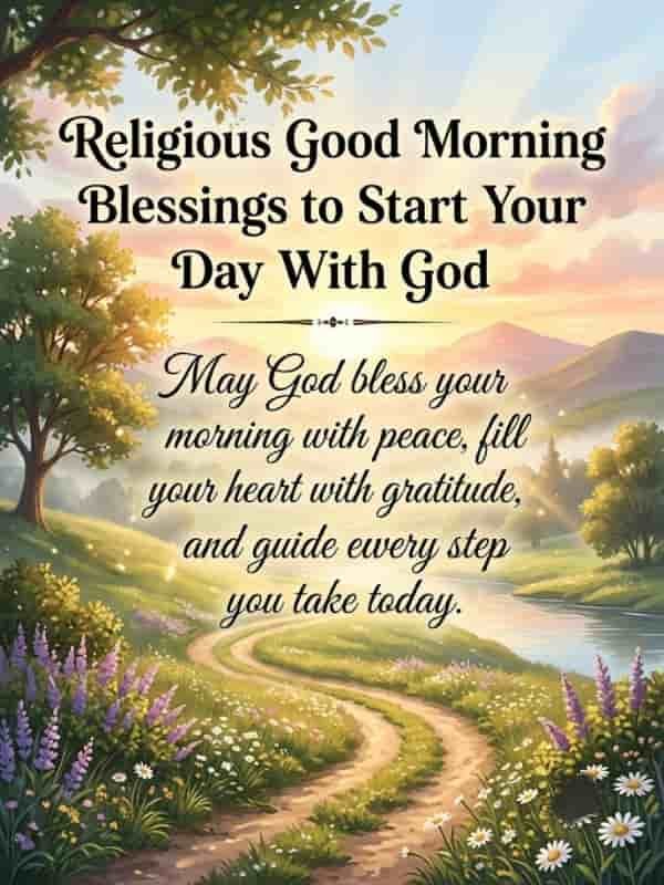 A peaceful morning landscape featuring a sunlit path through green fields with wildflowers, mountains in the distance, and the devotional text "Religious Good Morning Blessings to Start Your Day With God" and "May God bless your morning with peace, fill your heart with gratitude, and guide every step you take today."