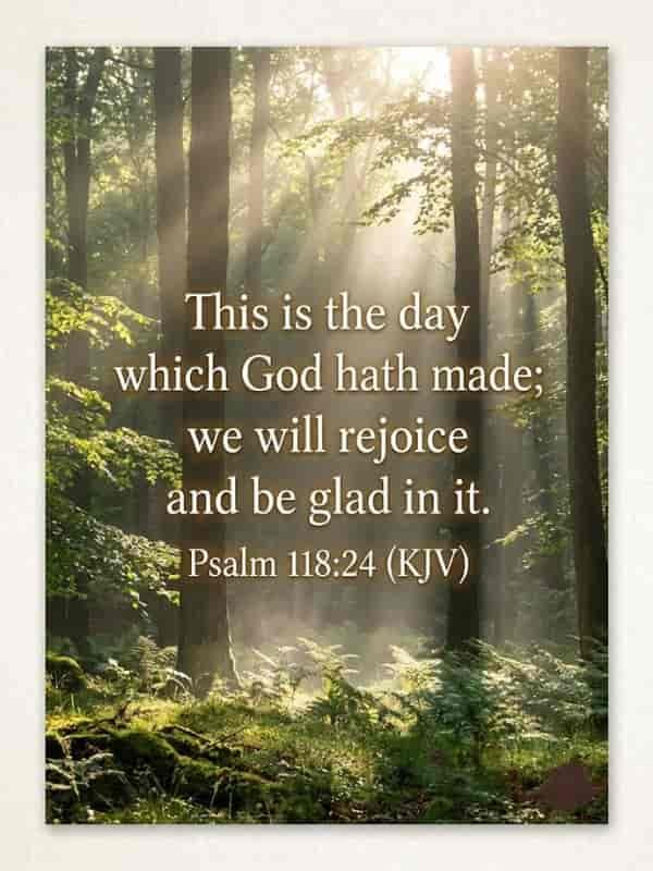 A serene forest bathed in soft morning sunlight streaming through the trees, overlaid with the Bible verse "This is the day which God hath made; we will rejoice and be glad in it. Psalm 118:24 (KJV)".