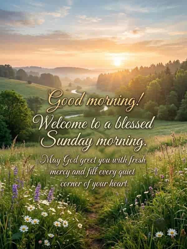 A serene, sunlit meadow filled with blooming wildflowers and a winding path at dawn, featuring the quote "Good morning! Welcome to a blessed Sunday morning. May God greet you with fresh mercy and fill every quiet corner of your heart." written in elegant calligraphy.