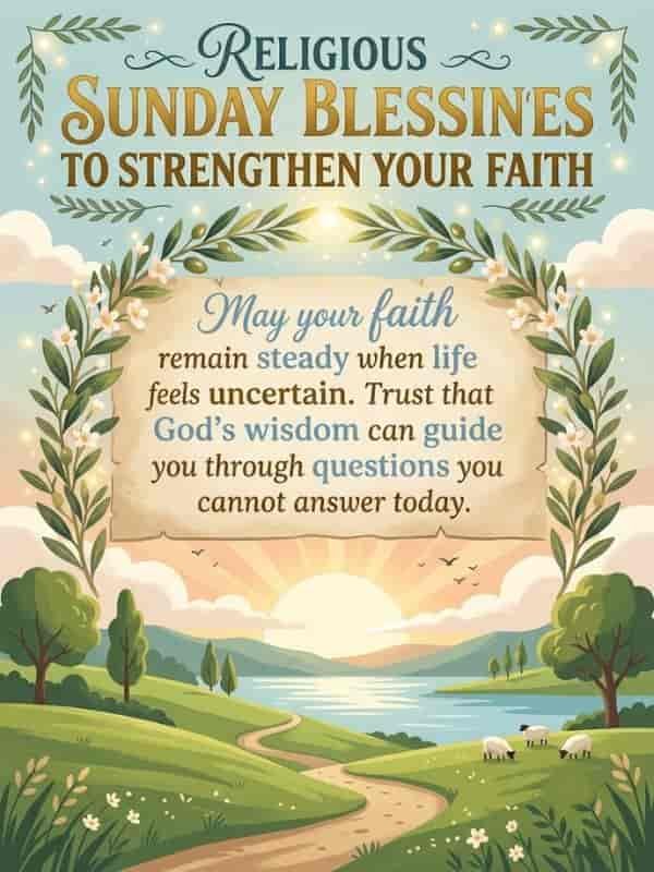 Religious Sunday blessings card with the quote, "May your faith remain steady when life feels uncertain. Trust that God's wisdom can guide you through questions you cannot answer today," set over a peaceful sunrise landscape with olive branches, rolling green hills, and a calm lake.