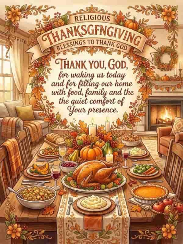 Religious Thanksgiving blessing illustration featuring a dining table filled with a Thanksgiving feast—roast turkey, pumpkin, bread, and autumn dishes—with a cozy fireplace in the background and the text: "Religious Thanksgiving Blessings to Thank God. Thank You, God, for waking us today and for filling our home with food, family and the quiet comfort of Your presence."
