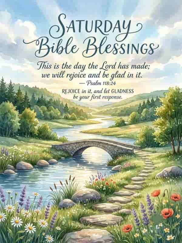 A watercolor illustration of a serene countryside landscape under a bright morning sky, featuring a stone arch bridge over a winding river, a stone pathway with blooming wildflowers, and elegant calligraphic typography reading "Saturday Bible Blessings" alongside Psalm 118:24.