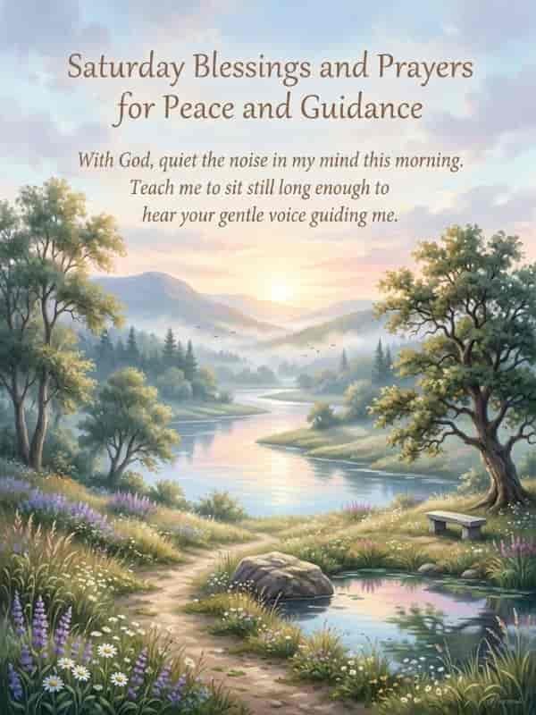 A peaceful morning landscape featuring a winding river, lush trees, wild lavender, and a stone bench overlooking a quiet pond, overlaid with the text "Saturday Blessings and Prayers for Peace and Guidance".