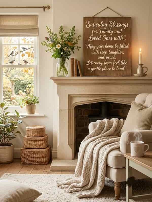A cozy living room featuring a comfortable armchair with a knitted throw blanket, a lit candle, vase of fresh wildflowers, and a wooden hanging sign with Saturday blessings text for family and loved ones.