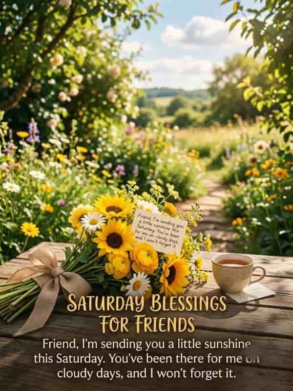 A bouquet of bright yellow sunflowers and white daisies tied with a burlap ribbon alongside a cup of tea resting on a rustic wooden table in a sunny garden setting with the text "Saturday Blessings For Friends".