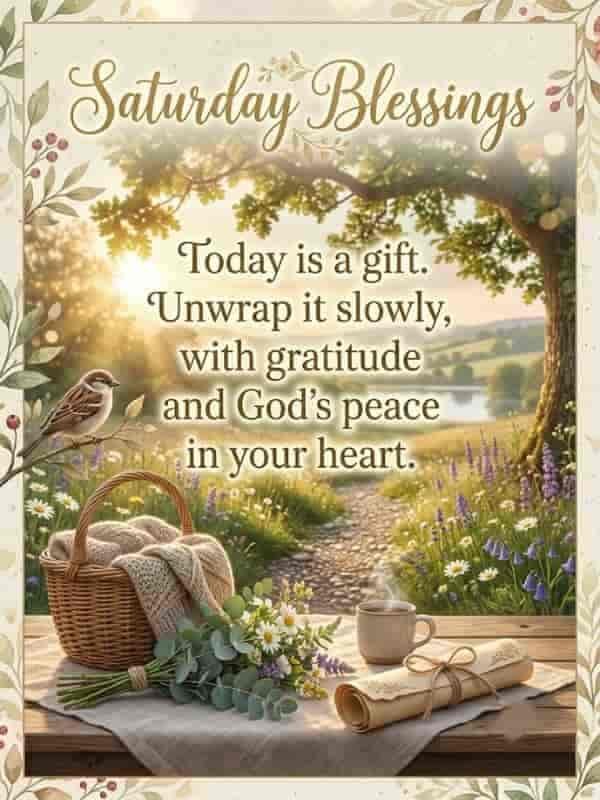 A beautiful Saturday blessings card featuring a peaceful countryside scene with a basket, wildflowers, a hot cup, and a small bird resting on a branch. The text reads, "Saturday Blessings: Today is a gift. Unwrap it slowly, with gratitude and God's peace in your heart."   
