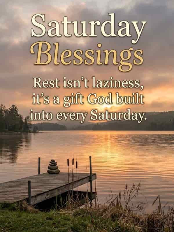 A soft morning sunrise reflecting over a calm lake, featuring a wooden dock and the overlay text: "Saturday Blessings — Rest isn't laziness, it's a gift God built into every Saturday."