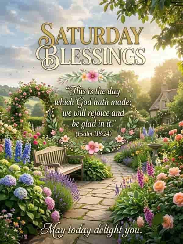 Saturday Blessings image featuring Psalm 118:24 and "May today delight you" set against a peaceful garden path with colorful flowers.