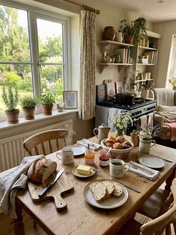 A warm rustic kitchen breakfast table with fresh bread, coffee mugs, pastries, and steam rising from a Dutch oven on the stove near a sunlit window.