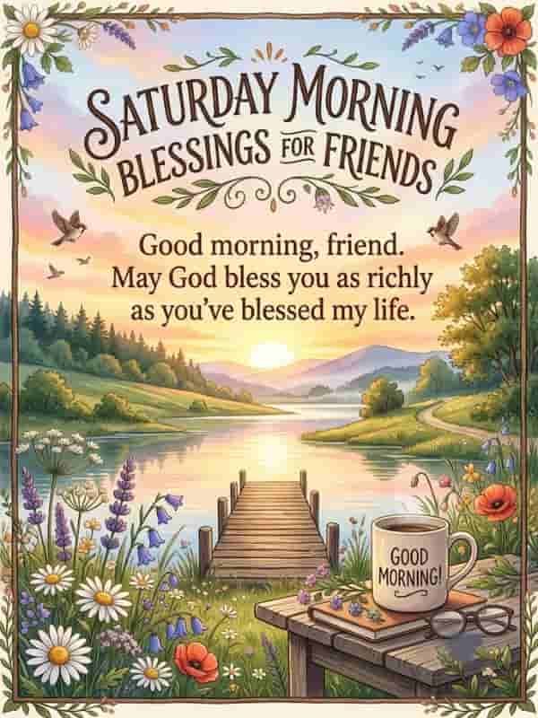 A peaceful morning landscape featuring a wooden dock on a calm lake at sunrise, surrounded by colorful wildflowers and a rustic table with a coffee mug, labeled with the text "Saturday Morning Blessings for Friends" and a heartwarming message.