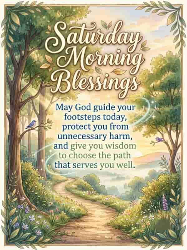 Saturday Morning Blessings graphics quote on a peaceful morning forest path background with text reading "May God guide your footsteps today.