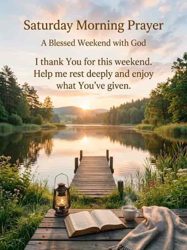 A peaceful morning lake scene with an open book, steaming coffee, and lantern on a wooden dock, featuring the text "Saturday Morning Prayer: A Blessed Weekend with God, I thank You for this weekend. Help me rest deeply and enjoy what You've given."
