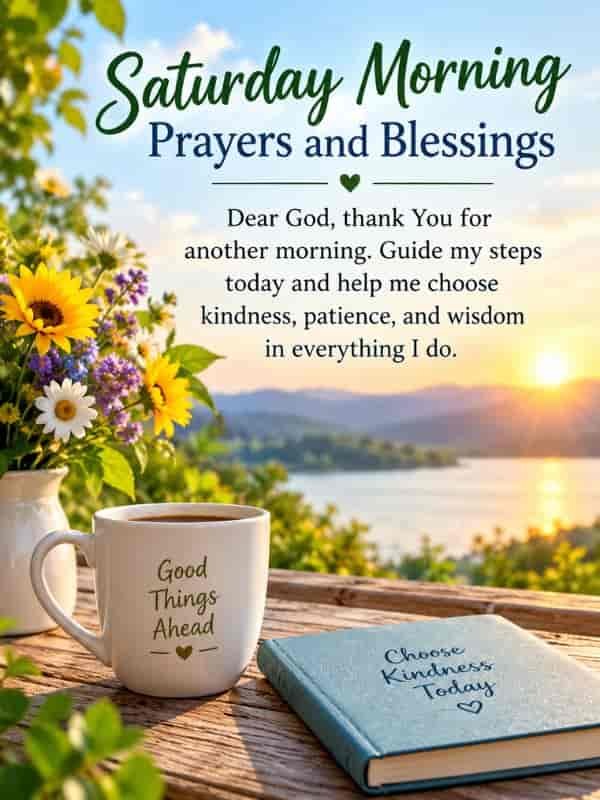 Saturday morning prayers and blessings with a heartfelt prayer for kindness, patience, and wisdom, featuring a beautiful sunrise, colorful flowers, coffee, and a peaceful lakeside view.