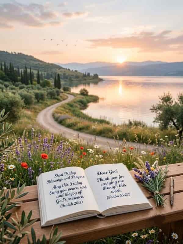 An open book rests on a wooden bench outdoors, displaying printed text including "Short Friday Blessings and Prayers" and "Dear God, thank you for carrying me through this week." Lavender and wild herbs lie beside the book, with a quiet lake and sunset hills in the background.