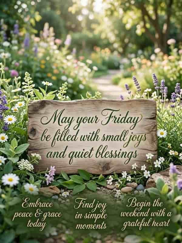 A serene lush garden scene featuring a rustic wooden sign with the text "May your Friday be filled with small joys and quiet blessings" written in elegant green calligraphy, surrounded by blooming white daisies and purple lavender flowers.