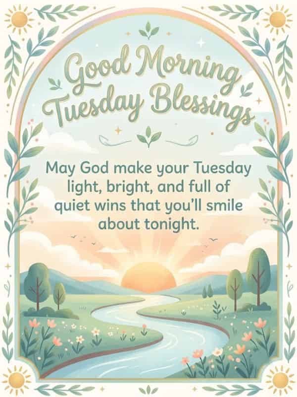 Happy Monday Blessings card featuring a serene countryside sunrise with a cottage, winding river, blooming flowers, and inspirational text for a peaceful and productive week.