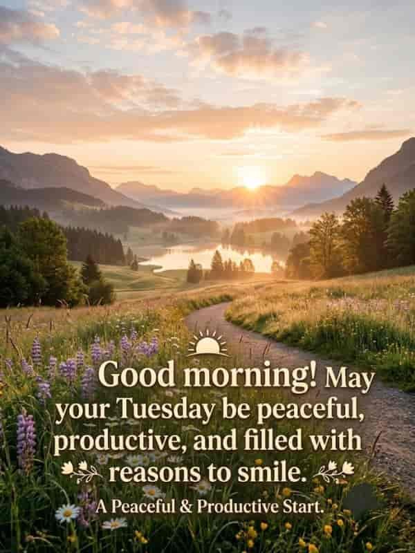 Scenic sunrise over a misty mountain valley with a wildflower meadow and the text "Good morning! May your Tuesday be peaceful, productive, and filled with reasons to smile."