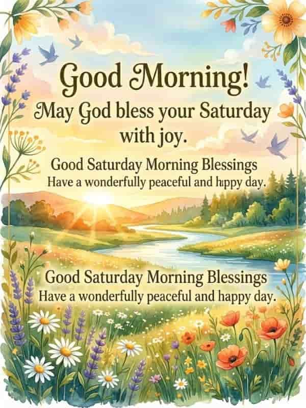 A bright watercolor morning landscape with colorful wildflowers, a winding river, and a glowing sunrise, featuring the text 'Good Morning! May God bless your Saturday with joy' and 'Good Saturday Morning Blessings'.
