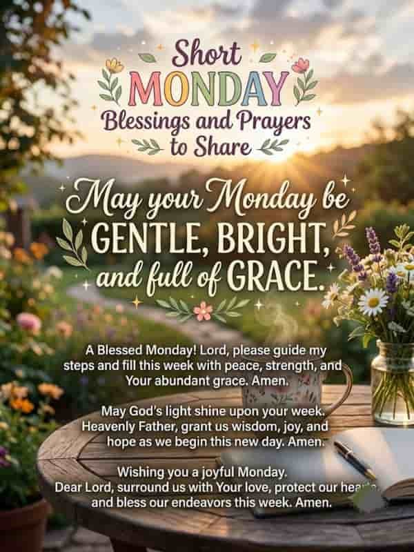 A peaceful morning scene featuring a cup of warm tea, a journal, and flowers on a wooden table, with decorative text reading "May your Monday be gentle, bright, and full of grace" and Monday blessings.