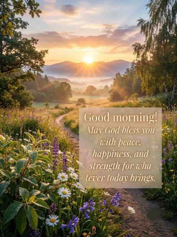 Serene sunrise over rolling hills and a dirt path flanked by wild blooming flowers, featuring the text "Good morning! May God bless you with peace, happiness, and strength for whatever today brings."