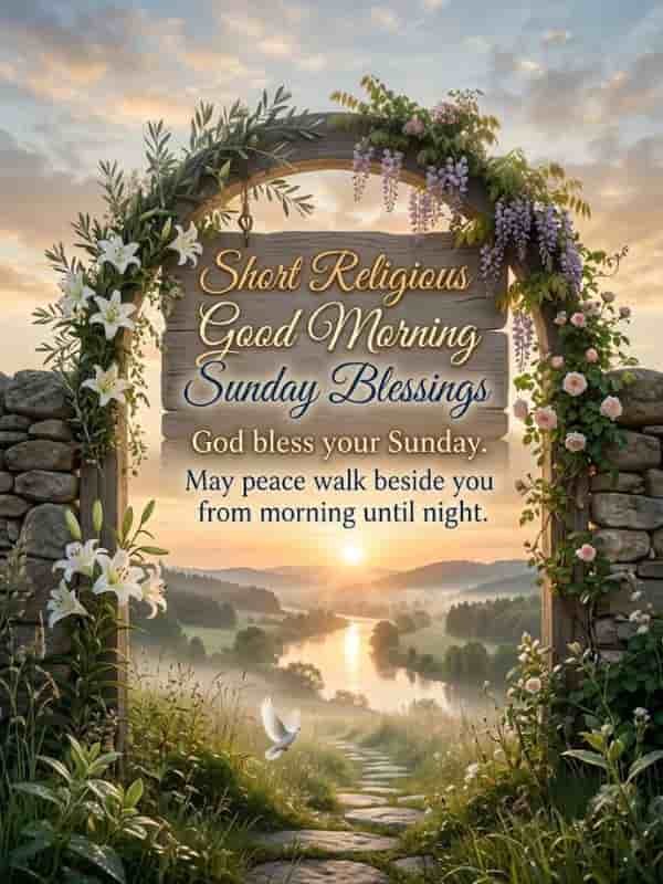 A serene Sunday sunrise glowing over a peaceful river valley, framed by a stone archway with blooming flowers and a wooden sign reading, "Short Religious Good Morning Sunday Blessings. God bless your Sunday. May peace walk beside you from morning until night."
