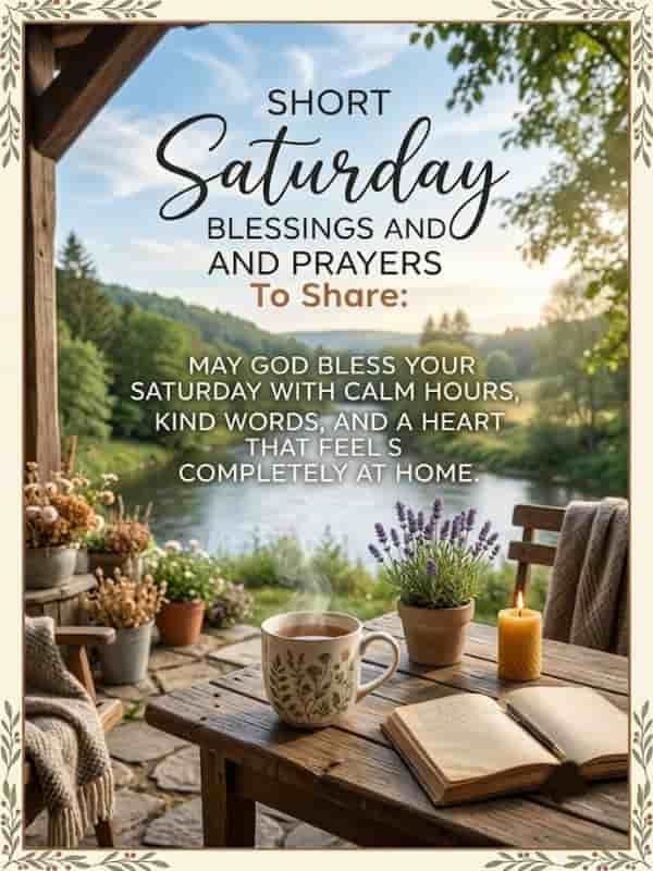 A cozy outdoor patio scene featuring a steamy mug of tea, an open journal, a lit candle, and potted lavender on a wooden table overlooking a serene river, with text reading "Short Saturday Blessings and Prayers to Share: May God bless your Saturday with calm hours, kind words, and a heart that feels completely at home."