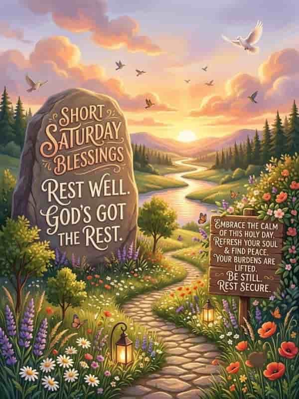 A peaceful countryside path lined with blooming flowers and lanterns at sunset, featuring stone and wooden signs inscribed with "Short Saturday Blessings," "Rest well. God's got the rest," and uplifting faith quotes.